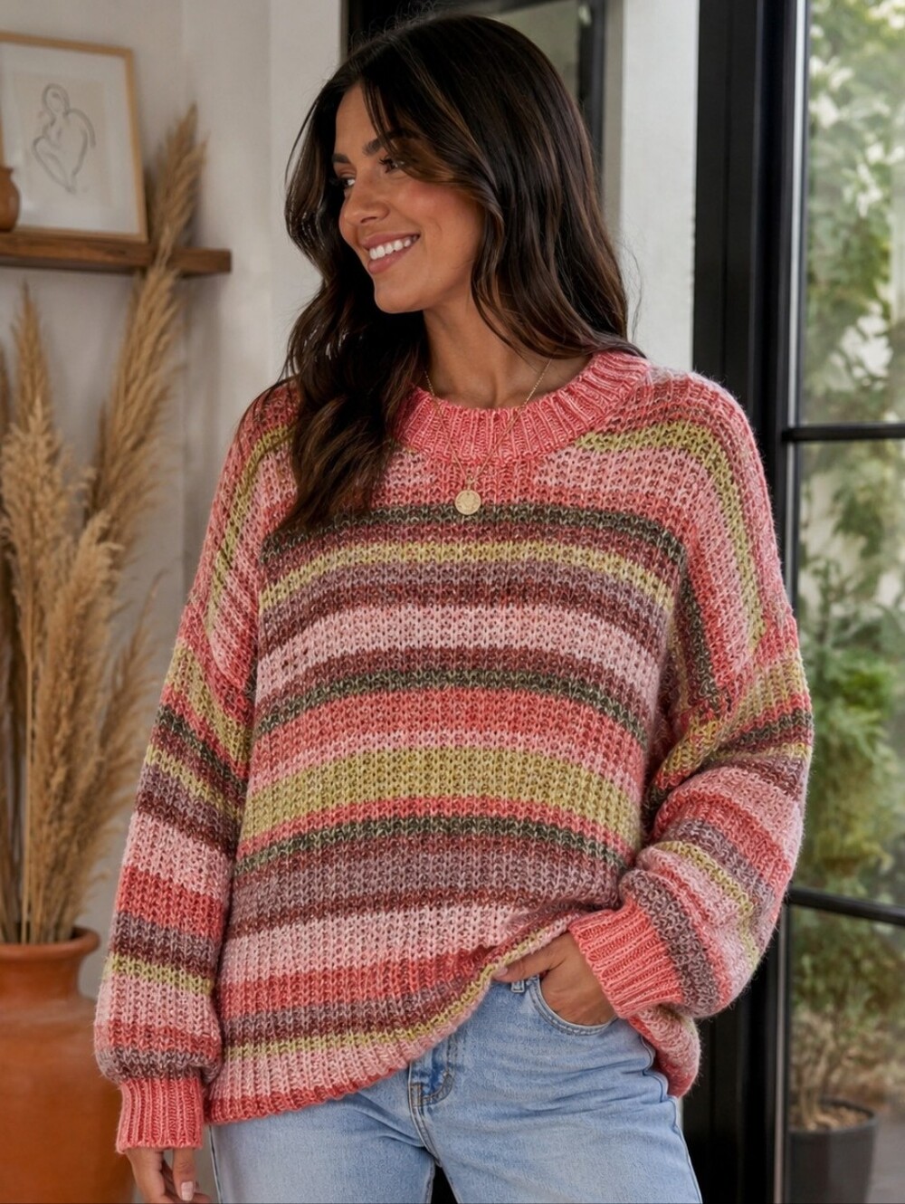 American Eagle Coral Multi-Stripe Boho Relaxed Oversized Crewneck Cozy Sweater M